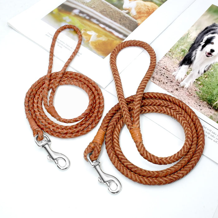 Rolled Leather Dog Leash Braided Leather Brown Color 4ft Long