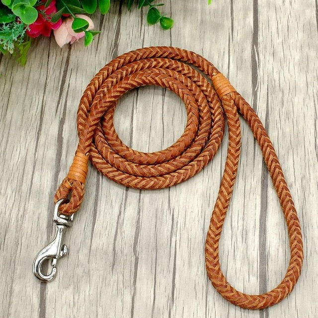 Rolled Leather Dog Leash Braided Leather Brown Color 4ft Long
